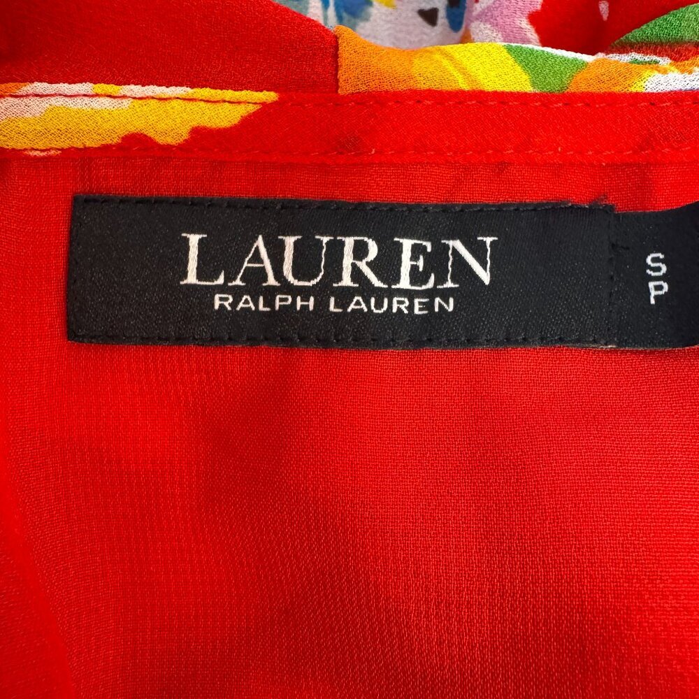 Lauren Ralph Lauren Savianne Peplum Top Red Floral Crepe Ruffles Puff Sleeve S - Picture 5 of 8